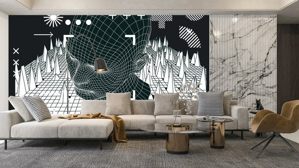 3D Human Head Wallpaper, Retro Futuristic Mural, Oversized Custom Size Wall Art, Non - Woven, Non - Adhesive, Modern Wall Paper, Removable - Adawall Wallpaper - Registered Trade Accounts Only, Wallpaper Wholesale Account - W77639 - Adawall Wholesale - Wallpaper Wholesaler