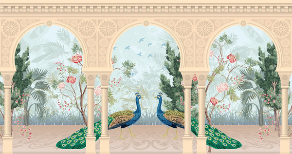 Traditional Mughal Garden Wallpaper, Peacock, Arch Mural, Oversized Custom Size Wall Art, Non-Woven, Non-Adhesive, Modern Wall Paper, Removable