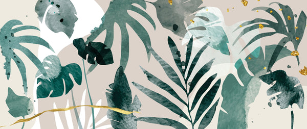 Abstract Art Gold Wallpaper, Tropical Leaves Mural, Oversized Custom Size Wall Art, Non-Woven, Non-Adhesive, Modern Wall Paper, Removable