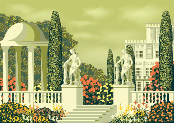 Flower Garden Wallpaper, Country House and Statues Mural, Oversized Custom Size Wall Art, Non-Woven, Non-Adhesive, Modern Wall Paper, Removable