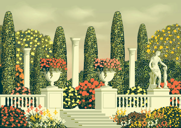 Flower Beds Wallpaper, Terrace in the Park Mural, Oversized Custom Size Wall Art, Non-Woven, Non-Adhesive, Modern Wall Paper, Removable