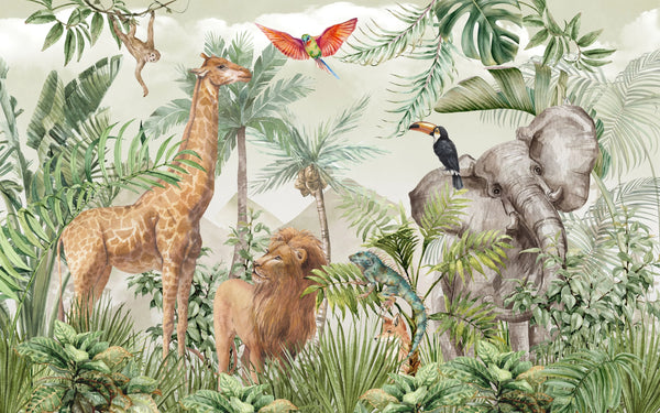 Safari Wildlife Wallpaper, Tropical Animals Mural, Oversized Custom Size Wall Art, Non-Woven, Non-Adhesive, Modern Wall Paper, Removable