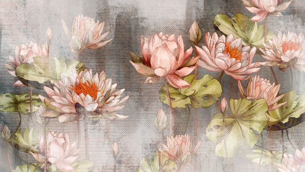 Delicate Water Lilies Wallpaper, Textured Background Mural, Oversized Custom Size Wall Art, Non-Woven, Non-Adhesive, Modern Wall Paper, Removable