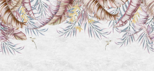 Tropical Leaves Wallpaper, Hummingbirds Mural, Oversized Custom Size Wall Art, Non-Woven, Non-Adhesive, Modern Wall Paper, Removable