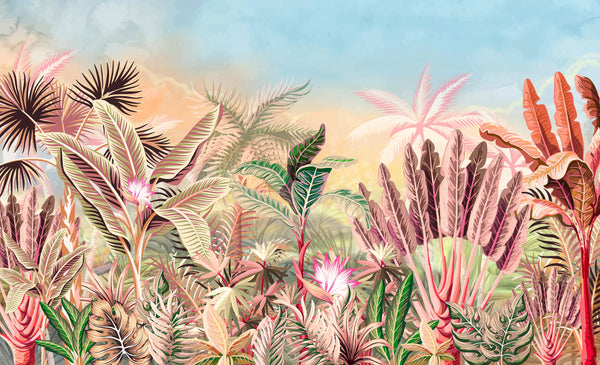 Tropical Forest Wallpaper, Leaves and Trees Mural, Oversized Custom Size Wall Art, Non-Woven, Non-Adhesive, Modern Wall Paper, Removable