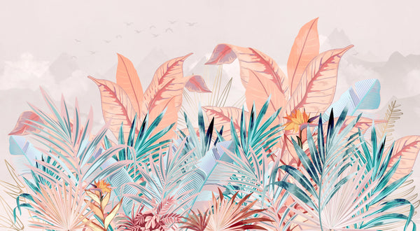Tropical Forest Wallpaper, Pastel Colors Mural, Oversized Custom Size Wall Art, Non-Woven, Non-Adhesive, Modern Wall Paper, Removable