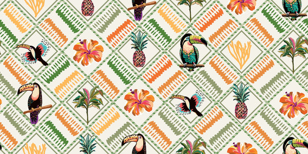 Tropical, Parrot, Pineapple Wallpaper, Seamless Pattern Mural, Oversized Custom Size Wall Art, Non-Woven, Non-Adhesive, Modern Wall Paper, Removable