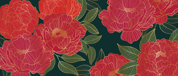 Red Peonies Wallpaper, Luxurious Gold Mural, Oversized Custom Size Wall Art, Non-Woven, Non-Adhesive, Modern Wall Paper, Removable