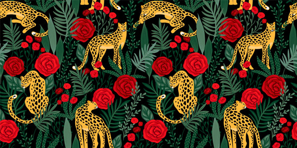 Leopards and Red Roses Wallpaper, Seamless Pattern Mural, Oversized Custom Size Wall Art, Non-Woven, Non-Adhesive, Modern Wall Paper, Removable