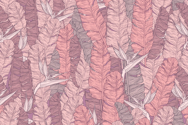 Coral Tropical Leaves Wallpaper, Seamless Pattern Mural, Oversized Custom Size Wall Art, Non-Woven, Non-Adhesive, Modern Wall Paper, Removable