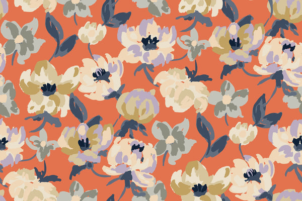 Abstract Floral, Orange Background Wallpaper, Seamless Pattern Mural, Oversized Custom Size Wall Art, Non-Woven, Non-Adhesive, Modern Wall Paper, Removable