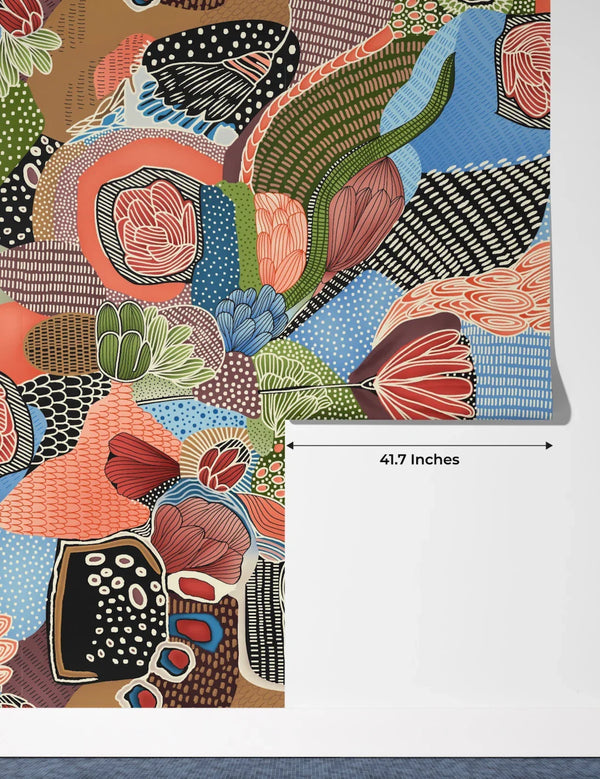 Abstract Shapes and Flowers Wallpaper, Seamless Pattern Mural, Oversized Custom Size Wall Art, Non-Woven, Non-Adhesive, Modern Wall Paper, Removable