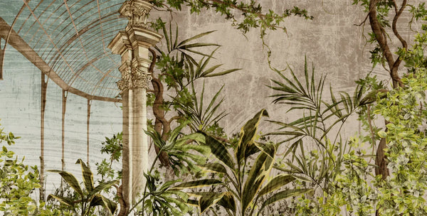 Greenhouse with a Column Wallpaper, Plants Mural, Oversized Custom Size Wall Art, Non-Woven, Non-Adhesive, Modern Wall Paper, Removable