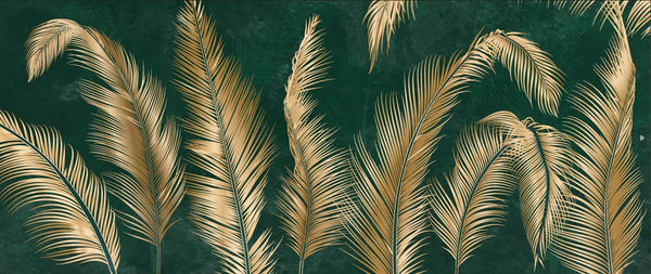 Golden Palm Leaves Wallpaper, Luxury Dark Green Art Background Mural, Oversized Custom Size Wall Art, Non-Woven, Non-Adhesive, Modern Wall Paper, Removable