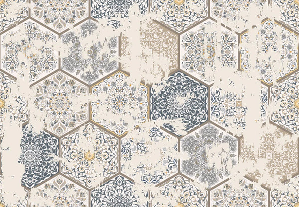 Vintage Tile Wallpaper, Hexagon Pattern Mural, Oversized Custom Size Wall Art, Non-Woven, Non-Adhesive, Modern Wall Paper, Removable
