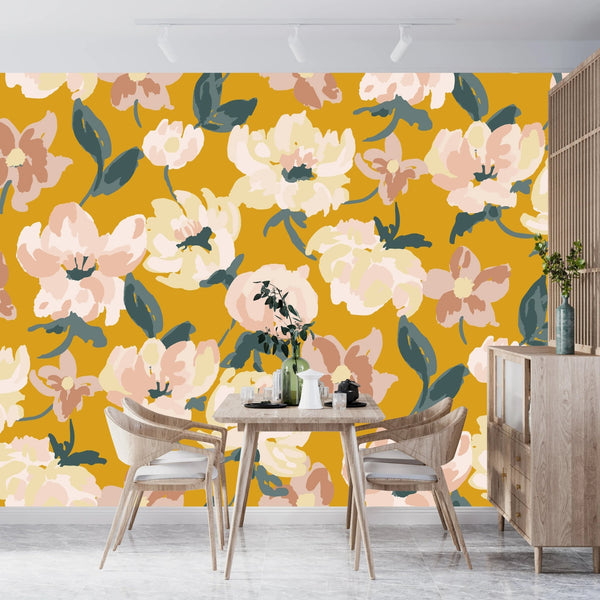 Abstract Floral, Yellow Background Wallpaper, Seamless Pattern Mural, Oversized Custom Size Wall Art, Non - Woven, Non - Adhesive, Modern Wall Paper, Removable - Adawall Wallpaper - Registered Trade Accounts Only, Wallpaper Wholesale Account - W78082 - Adawall Wholesale - Wallpaper Wholesaler
