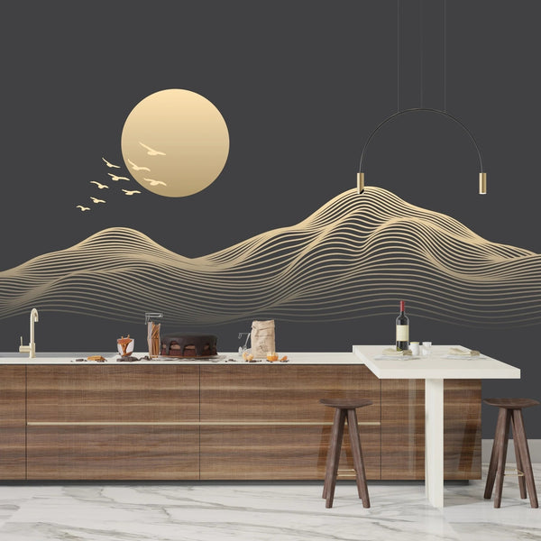 Abstract Gold Landscape Wallpaper, Mountain and Birds, Black Background Mural, Oversized Custom Size Wall Art, Non - Woven, Non - Adhesive, Modern Wall Paper, Removable - Adawall Wallpaper - Registered Trade Accounts Only, Wallpaper Wholesale Account - W77909 - Adawall Wholesale - Wallpaper Wholesaler