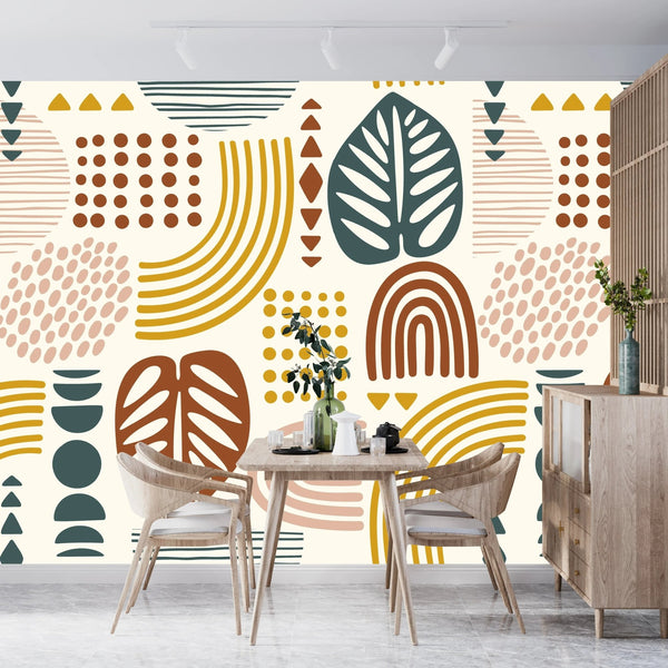 Abstract Leaves and Geometric Shapes Wallpaper, Seamless Pattern Mural, Oversized Custom Size Wall Art, Non - Woven, Non - Adhesive, Modern Wall Paper, Removable - Adawall Wallpaper - Registered Trade Accounts Only, Wallpaper Wholesale Account - W78065 - Adawall Wholesale - Wallpaper Wholesaler