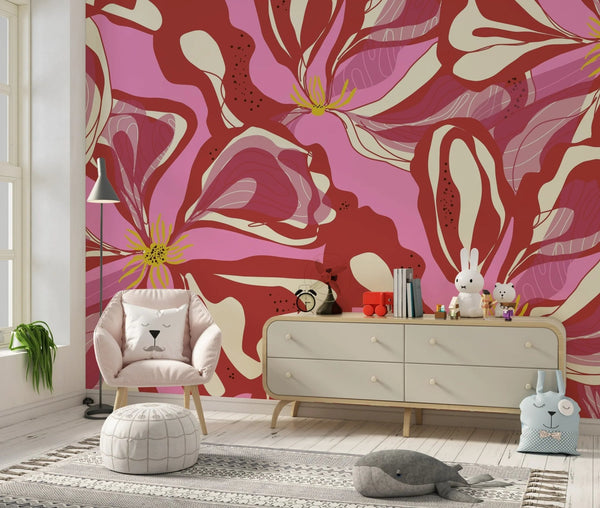 Abstract Red Flowers Wallpaper, Seamless Pattern Mural, Oversized Custom Size Wall Art, Non - Woven, Non - Adhesive, Modern Wall Paper, Removable - Adawall Wallpaper - Registered Trade Accounts Only, Wallpaper Wholesale Account - W77741 - Adawall Wholesale - Wallpaper Wholesaler