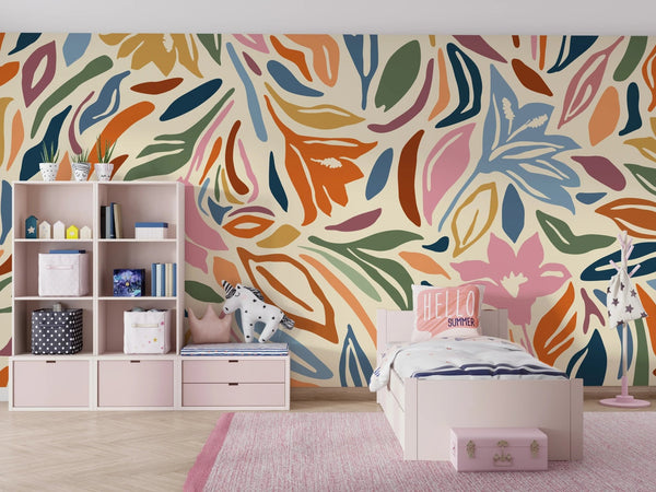 Abstract Shapes and Flowers Wallpaper, Colorful Mural, Oversized Custom Size Wall Art, Non - Woven, Non - Adhesive, Modern Wall Paper, Removable - Adawall Wallpaper - Registered Trade Accounts Only, Wallpaper Wholesale Account - W77555 - Adawall Wholesale - Wallpaper Wholesaler