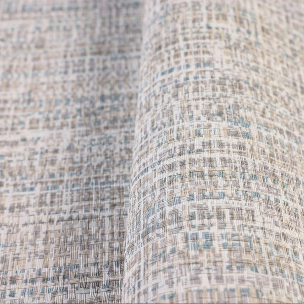 Basket Weave Woven Textile Wallpaper, Beige, Blue Realistic 3D Textured Fabric Linen Multi-Color Wallcovering - Walloro High End Wallcoverings & More