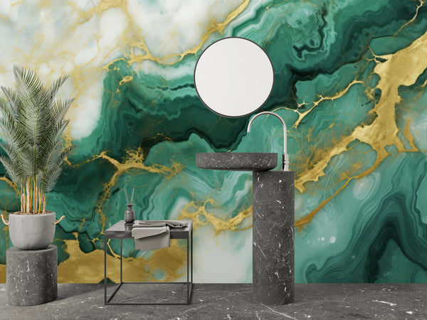 Emerald Green Marble Wallpaper, Gold Abstract Mural, Oversized Custom Size Wall Art, Non-Woven, Non-Adhesive, Modern Wall Paper, Removable