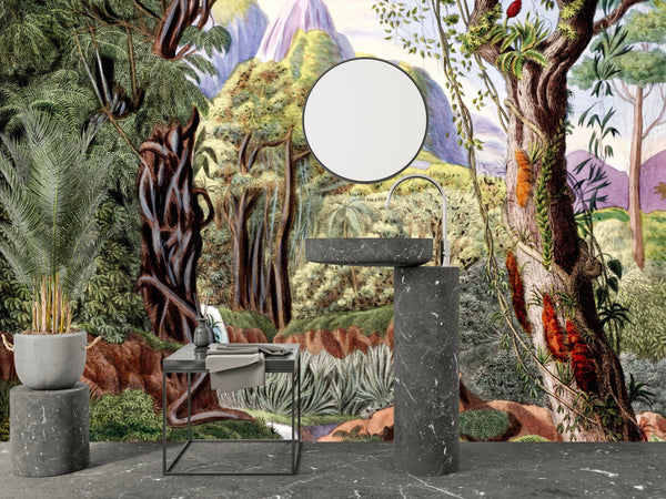 Botanical Wallpaper, Colorful Jungle Scene Mural, Oversized Custom Size Wall Art, Non-Woven, Non-Adhesive, Modern Wall Paper, Removable