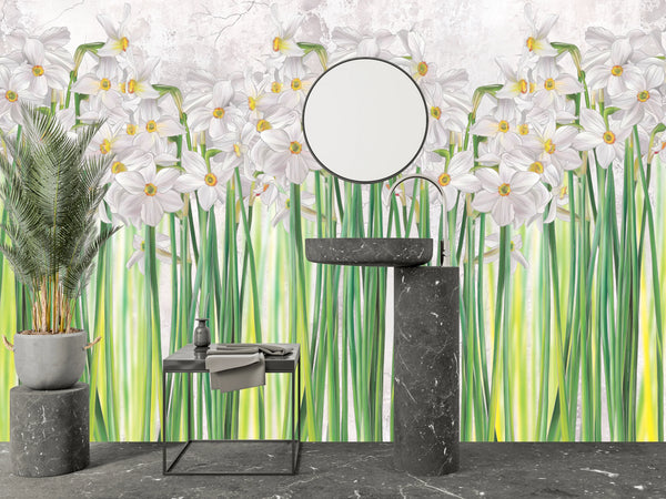 Daffodils Wallpaper, Floral Mural, Oversized Custom Size Wall Art, Non-Woven, Non-Adhesive, Modern Wall Paper, Removable