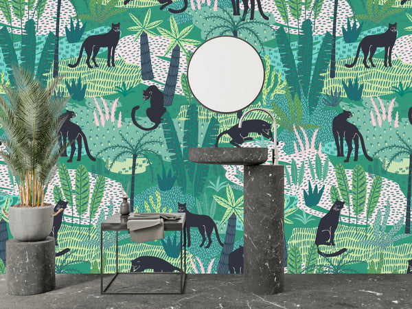 Panthers and Tropical Leaves Wallpaper, Seamless Pattern Mural, Oversized Custom Size Wall Art, Non-Woven, Non-Adhesive, Modern Wall Paper, Removable