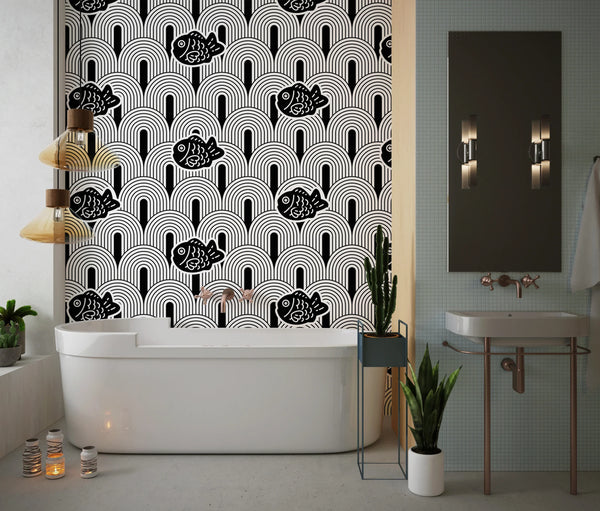 Japan Wave Wallpaper, Seamless Pattern Mural, Oversized Custom Size Wall Art, Non-Woven, Non-Adhesive, Modern Wall Paper, Removable