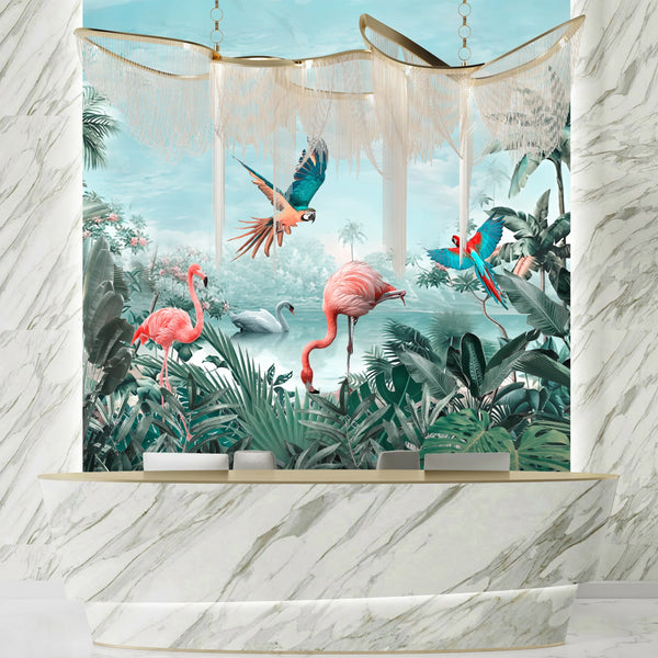 Tropical Wallpaper, Birds Mural, Oversized Custom Size Wall Art, Non-Woven, Non-Adhesive, Modern Wall Paper, Removable