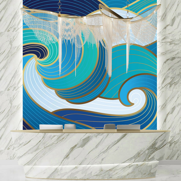 Navy Blue, Gold Abstract Wallpaper, Wavy Mural, Oversized Custom Size Wall Art, Non-Woven, Non-Adhesive, Modern Wall Paper, Removable