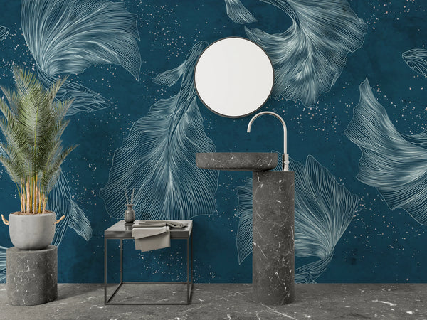 Koi Fish Wallpaper, Silver Line Style Wall Mural, Oversized Custom Size Wall Art, Non-Woven, Non-Adhesive, Modern Wall Paper, Removable