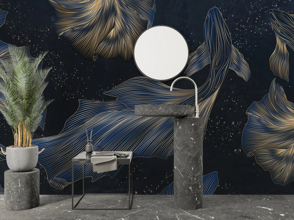 Koi Fish Wallpaper, Golden Line Style Wall Mural, Oversized Custom Size Wall Art, Non-Woven, Non-Adhesive, Modern Wall Paper, Removable