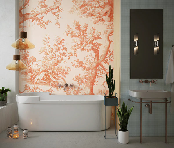 Toile de Jouy Wallpaper, Peach Fuzz Background Pattern Mural, Oversized Custom Size Wall Art, Non-Woven, Non-Adhesive, Modern Wall Paper, Removable