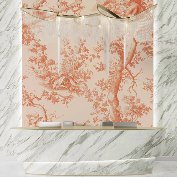 Toile de Jouy Wallpaper, Peach Fuzz Background Pattern Mural, Oversized Custom Size Wall Art, Non-Woven, Non-Adhesive, Modern Wall Paper, Removable