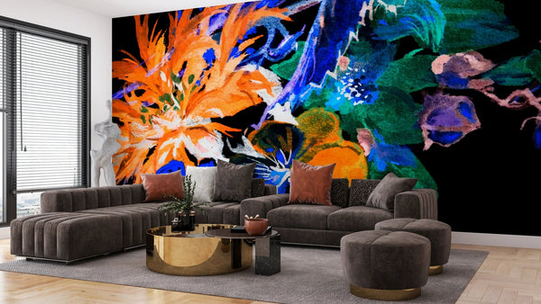 Beautiful Flowers Wallpaper, Black Background Mural, Oversized Custom Size Wall Art, Non - Woven, Non - Adhesive, Modern Wall Paper, Removable - Adawall Wallpaper - Registered Trade Accounts Only, Wallpaper Wholesale Account - W77602 - Adawall Wholesale - Wallpaper Wholesaler