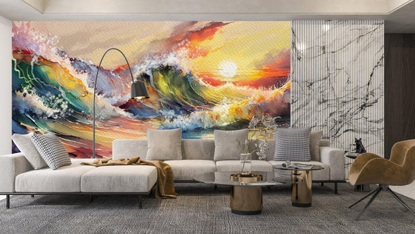 Beautiful Sunset Over Ocean Wallpaper, Oil Painting Mural, Oversized Custom Size Wall Art, Non - Woven, Non - Adhesive, Modern Wall Paper, Removable - Adawall Wallpaper - Registered Trade Accounts Only, Wallpaper Wholesale Account - W77607 - Adawall Wholesale - Wallpaper Wholesaler