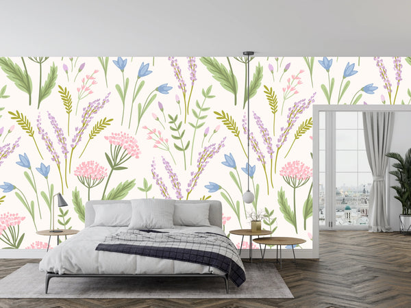 Floral, White Background Wallpaper, Seamless Pattern Mural, Oversized Custom Size Wall Art, Non-Woven, Non-Adhesive, Modern Wall Paper, Removable