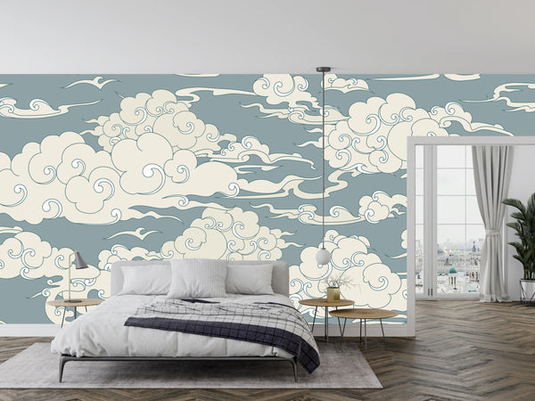 Clouds, Gray Background Wallpaper, Seamless Pattern Mural, Oversized Custom Size Wall Art, Non-Woven, Non-Adhesive, Modern Wall Paper, Removable