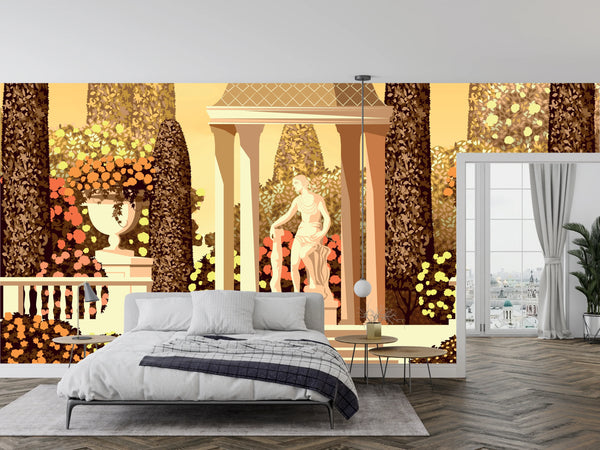 Flower Garden Wallpaper, Terrace in the Park Mural, Oversized Custom Size Wall Art, Non-Woven, Non-Adhesive, Modern Wall Paper, Removable