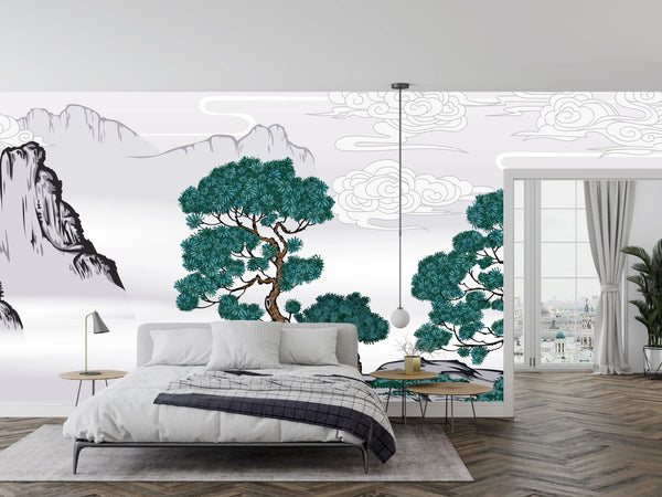 Chinese Painting Wallpaper, Classic Landscape Mountains Mural, Oversized Custom Size Wall Art, Non-Woven, Non-Adhesive, Modern Wall Paper, Removable