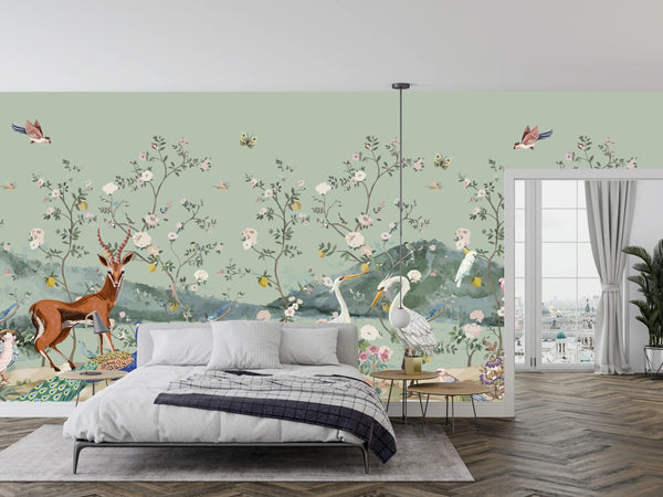 Chinoiserie, Birds Wallpaper, Seamless Pattern Mural, Oversized Custom Size Wall Art, Non-Woven, Non-Adhesive, Modern Wall Paper, Removable