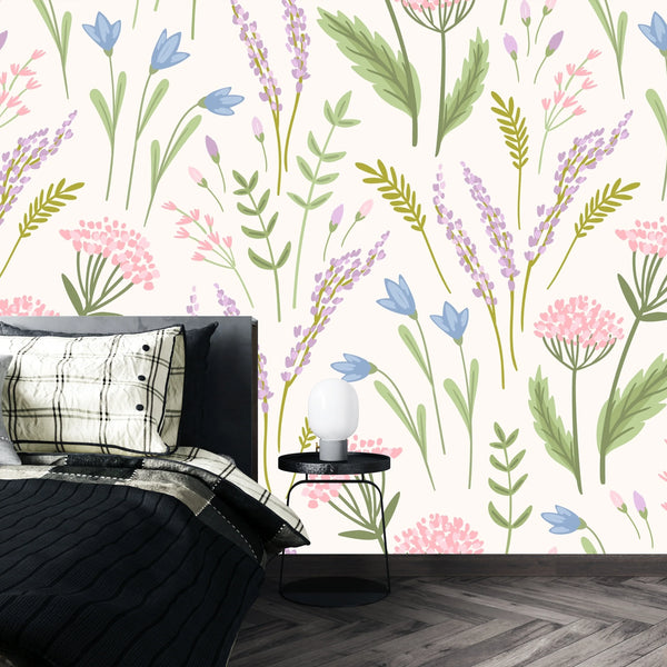 Floral, White Background Wallpaper, Seamless Pattern Mural, Oversized Custom Size Wall Art, Non-Woven, Non-Adhesive, Modern Wall Paper, Removable