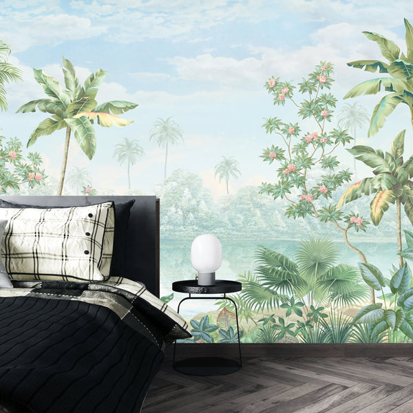 Tropic Flowers Wallpaper, Landscape Mural, Oversized Custom Size Wall Art, Non-Woven, Non-Adhesive, Modern Wall Paper, Removable