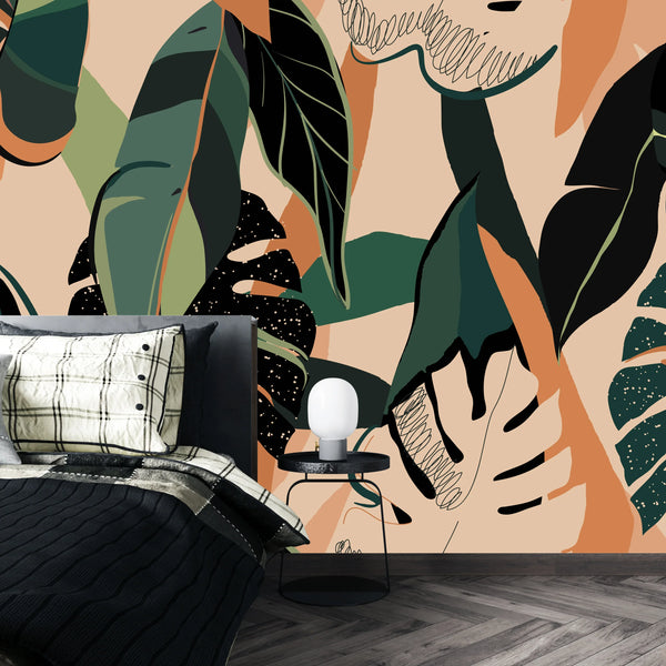 Modern Exotic Wallpaper, Jungle Plants Mural, Oversized Custom Size Wall Art, Non-Woven, Non-Adhesive, Modern Wall Paper, Removable