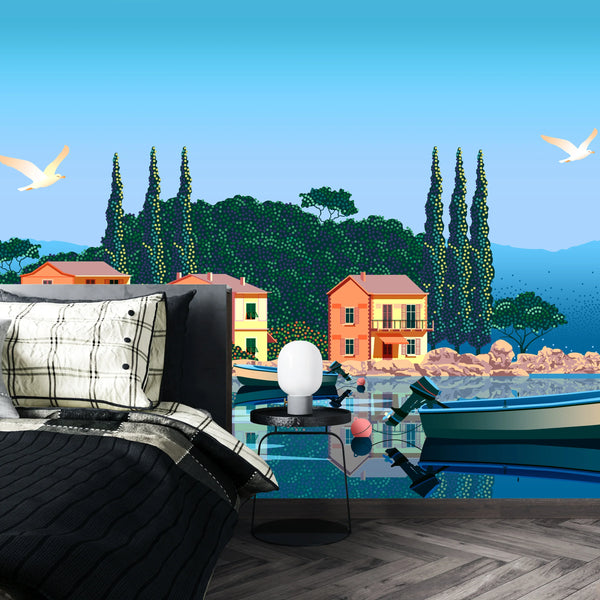 Mediterranean Landscape Wallpaper, Boats, Sea Mural, Oversized Custom Size Wall Art, Non-Woven, Non-Adhesive, Modern Wall Paper, Removable