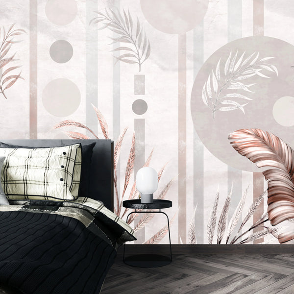 Tropical Plants Wallpaper, Geometric Shapes Mural, Oversized Custom Size Wall Art, Non-Woven, Non-Adhesive, Modern Wall Paper, Removable