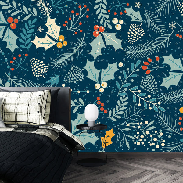 Leaves and Berries, Dark Blue Background Wallpaper, Seamless Pattern Mural, Oversized Custom Size Wall Art, Non-Woven, Non-Adhesive, Modern Wall Paper, Removable