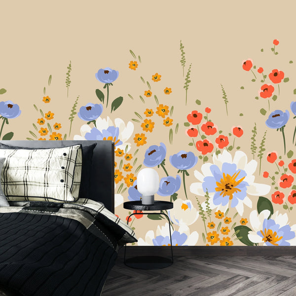 Colorful Floral Wallpaper, Seamless Pattern Mural, Oversized Custom Size Wall Art, Non-Woven, Non-Adhesive, Modern Wall Paper, Removable